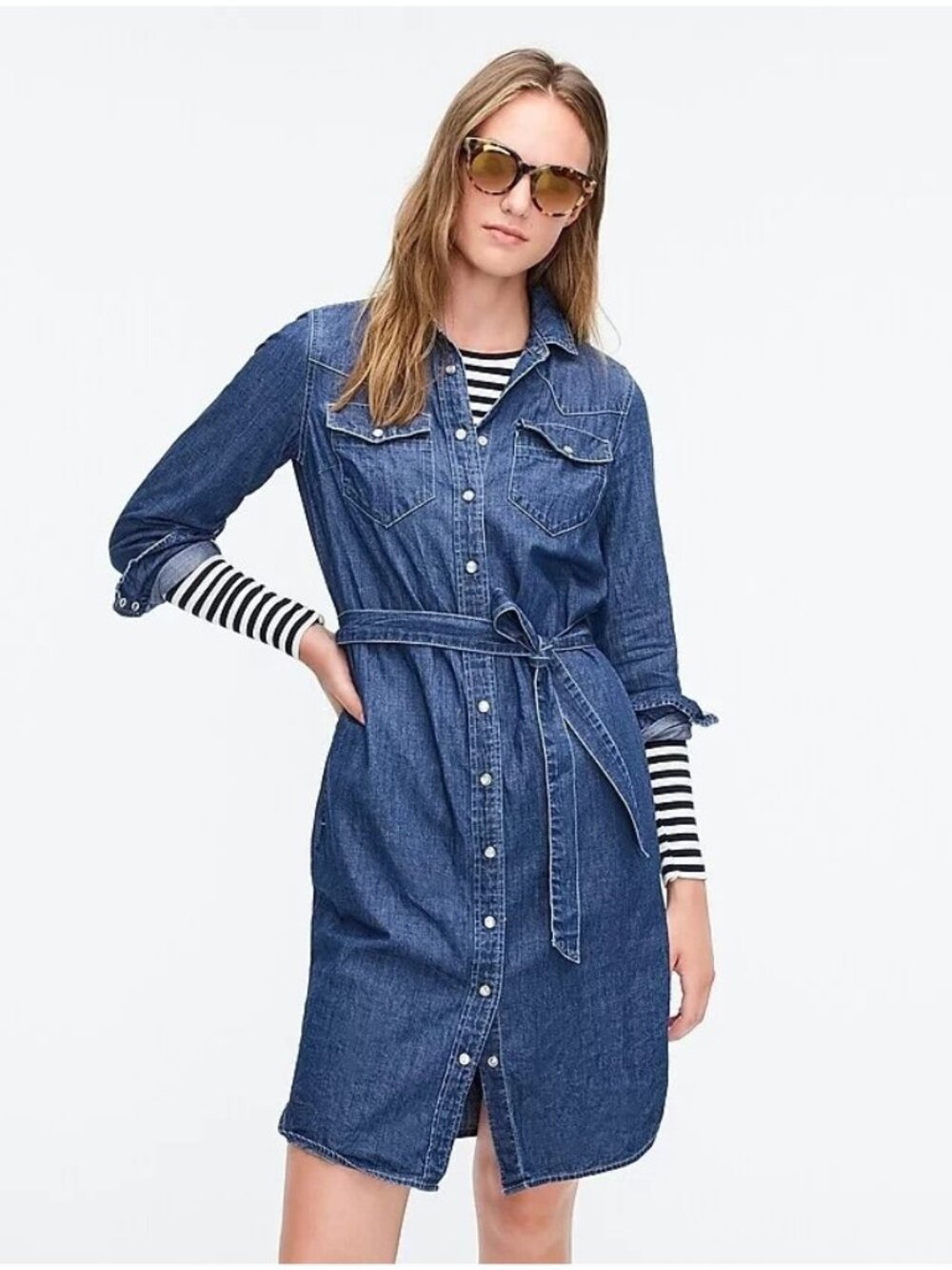 NWT J.Crew Long Sleeve Denim Shirtdress in Blue Tie Waist Snap Front Dress 10